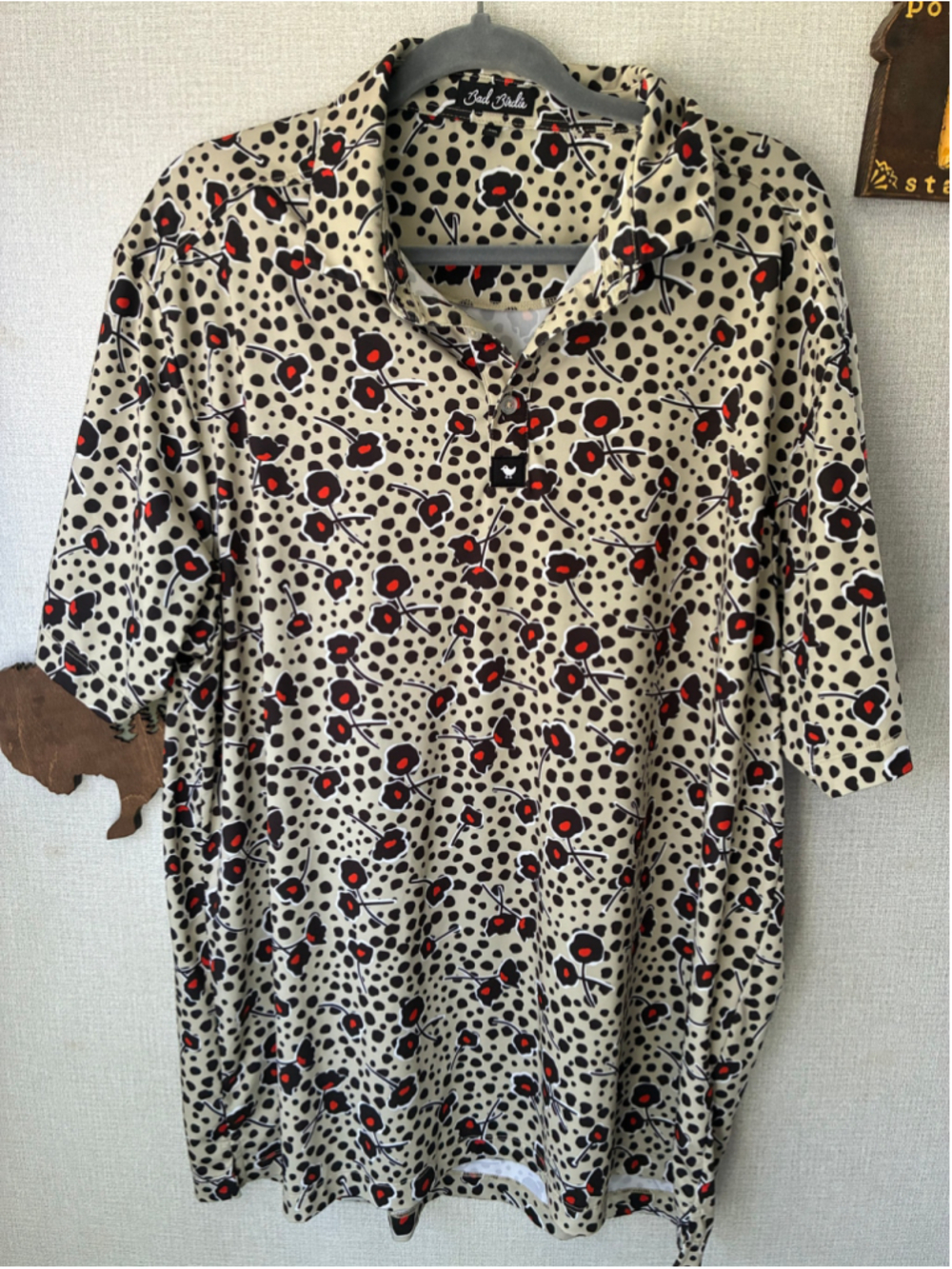 Men's Bad Birdie Polo Shirt XXL Beige Black Floral Print